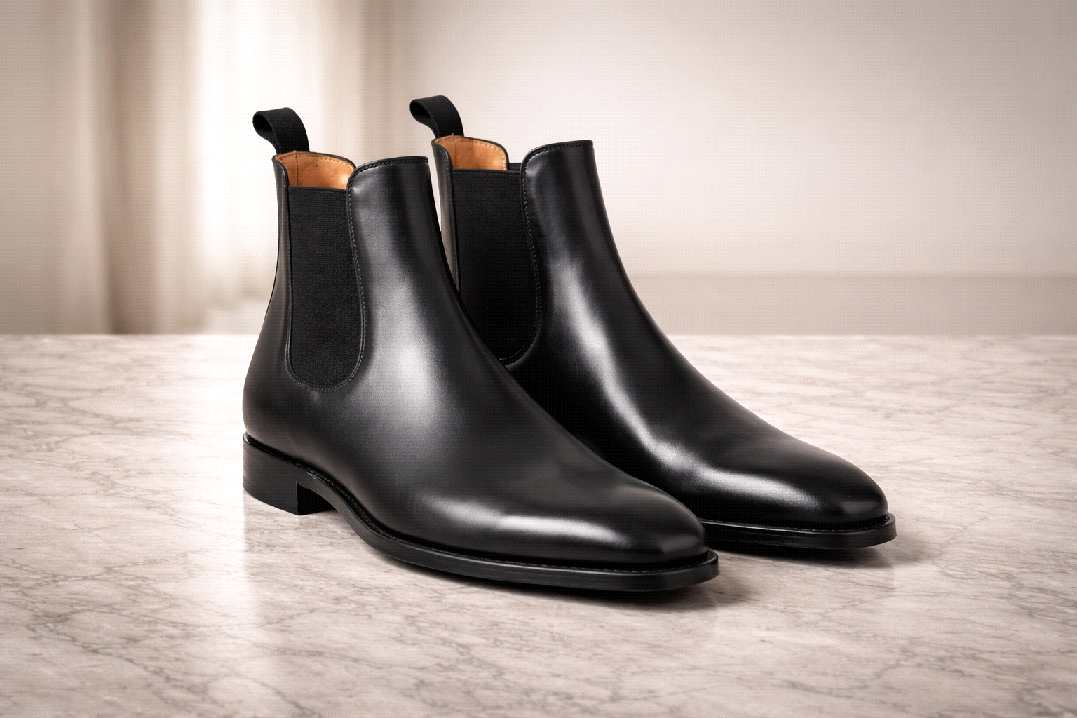 Handmade Mens Full Grain Leather Chelsea Boots Elastic Gore Black Ankle Boots