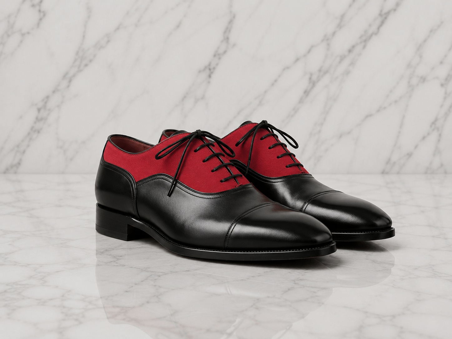 Men's Two-Tone Oxford Shoes - Black Leather & Red Suede Cap Toe Formal Dress Shoes