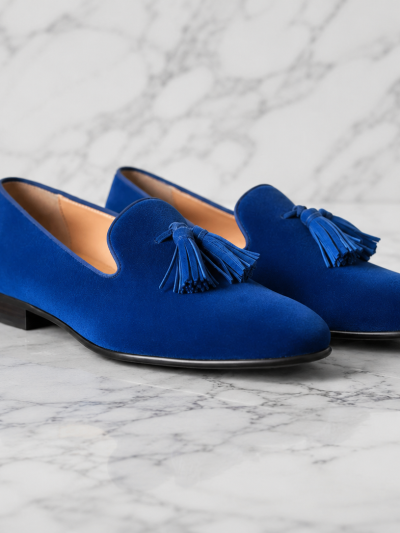 Elegant Men's Blue Velvet Slip-On Loafers with Decorative Tassels