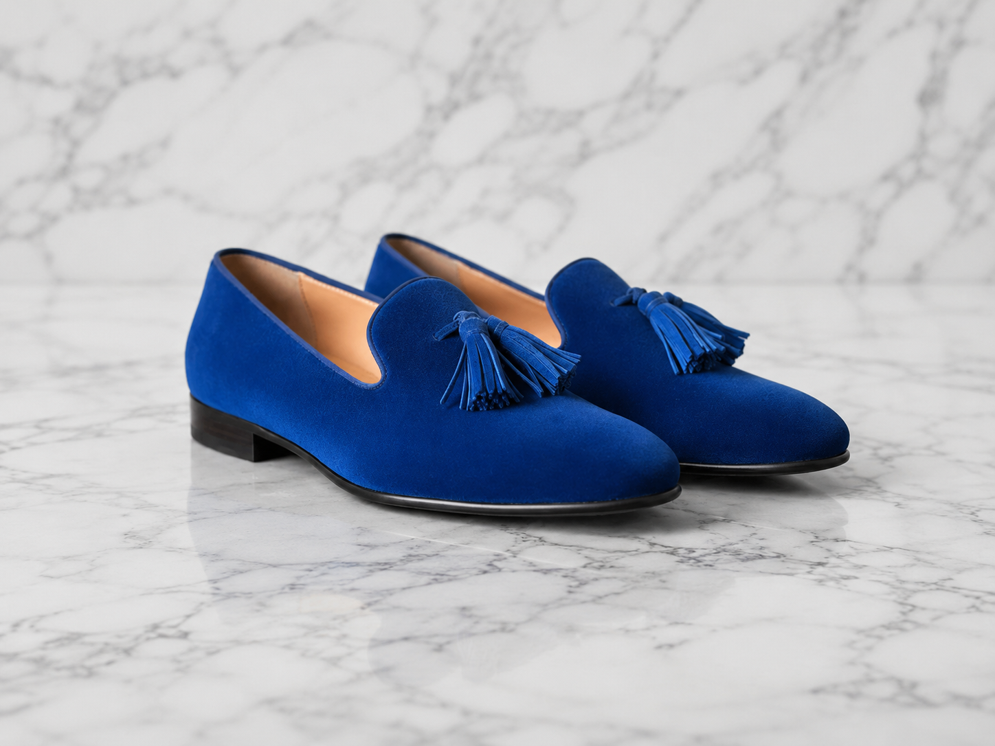 Elegant Men's Blue Velvet Slip-On Loafers with Decorative Tassels