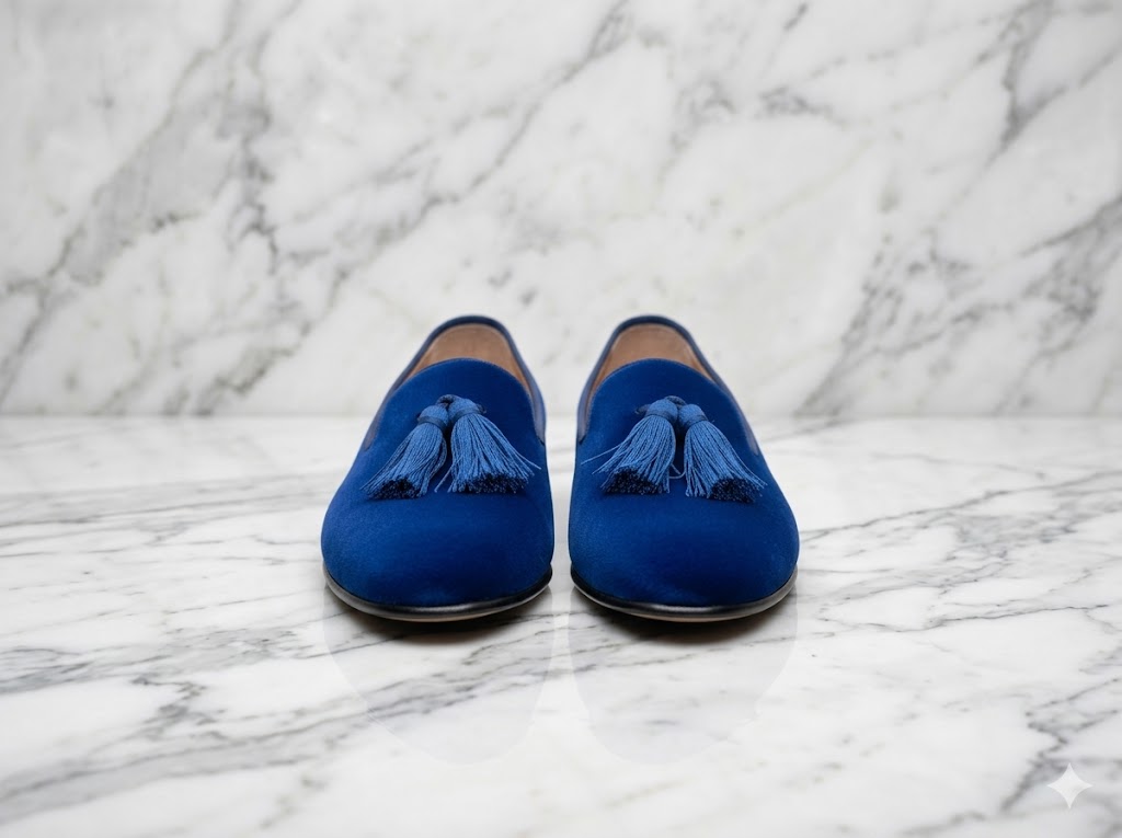 Elegant Men's Blue Velvet Slip-On Loafers with Decorative Tassels - Image 2