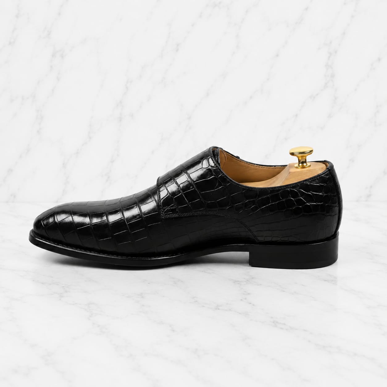 Black Crocodile Embossed Double Monk Strap Shoes for Men – Handmade Leather Wedding Shoes - Image 2