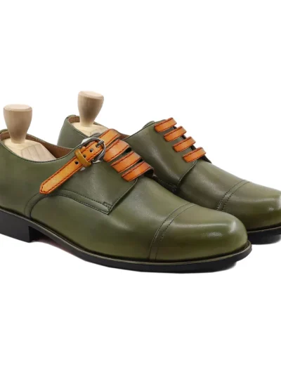 Men's Handmade Olive Green Leather Monk Strap Oxford Shoes