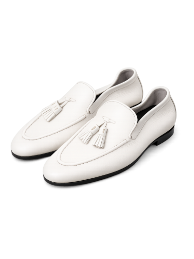 Men's Handmade White Leather Tassel Loafers