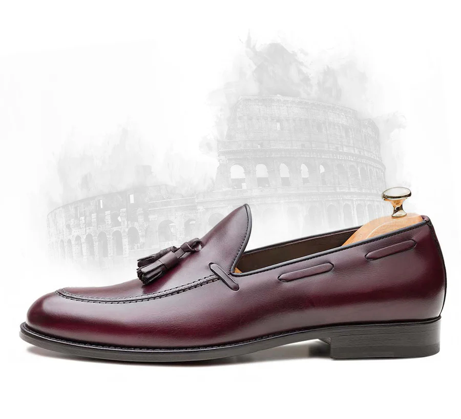 Handmade Burgundy Leather Tassel Loafers for Men | Italian Style Slip On Dress Shoes - Image 2