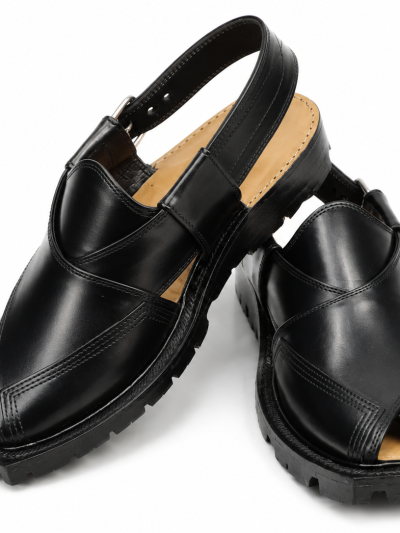 Handmade Black Leather Peshawari Sandals for Men | Traditional Leather Slip-On Shoes