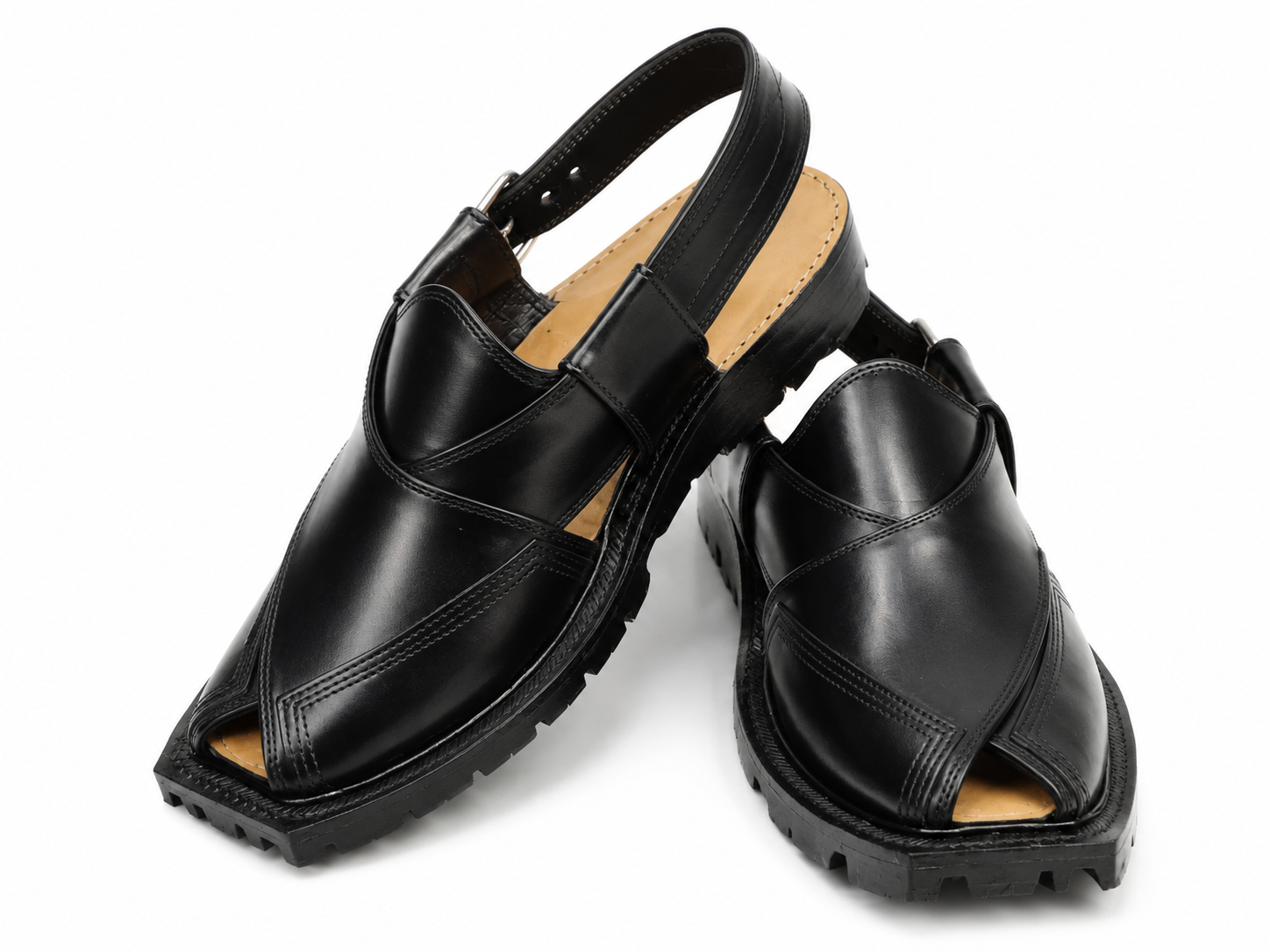 Handmade Black Leather Peshawari Sandals for Men | Traditional Leather Slip-On Shoes